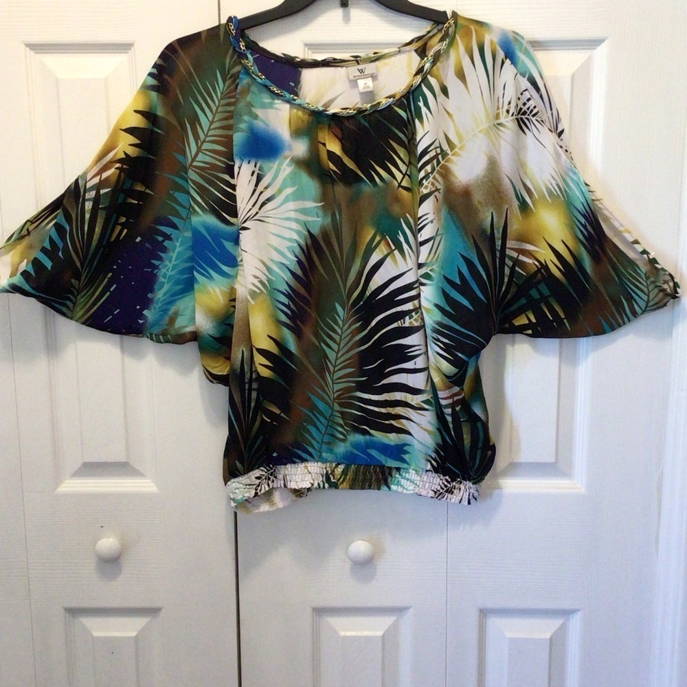 Worthington Womens Palm Leaf Print Short Dolman Sleeve Top Size Medium